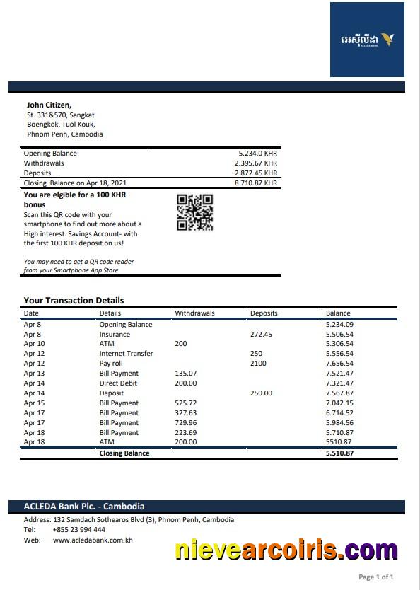 Cambodia Acleda bank statement Word and PDF
